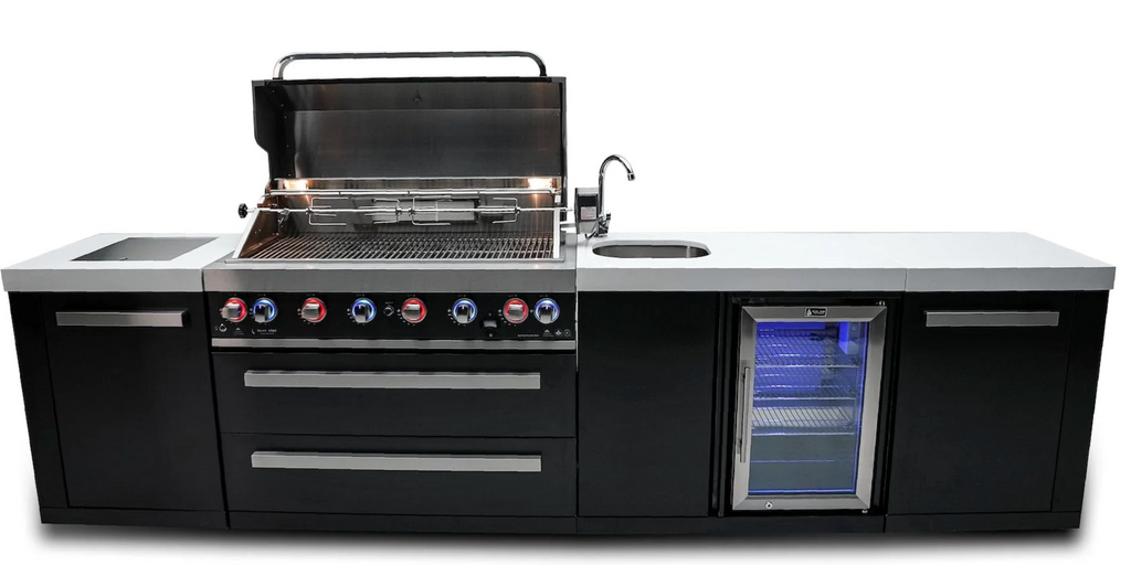 Mont Alpi 805 Black Stainless Steel Island with Beverage Center 6-Burner Grill  2 Infrared Burners Sink Fridge