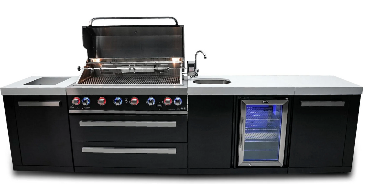 Mont Alpi 805 Black Stainless Steel Island with Beverage Center 6-Burner Grill  2 Infrared Burners Sink Fridge