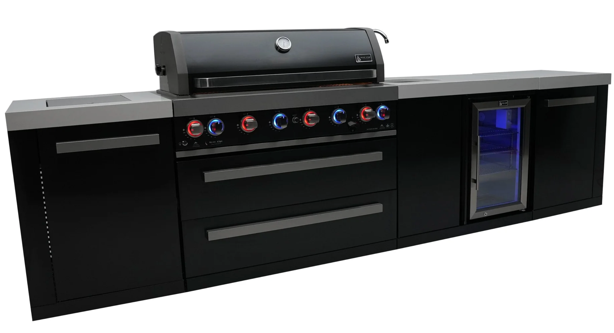 Mont Alpi 805 Black Stainless Steel Island with Beverage Center 6-Burner Grill  2 Infrared Burners Sink Fridge