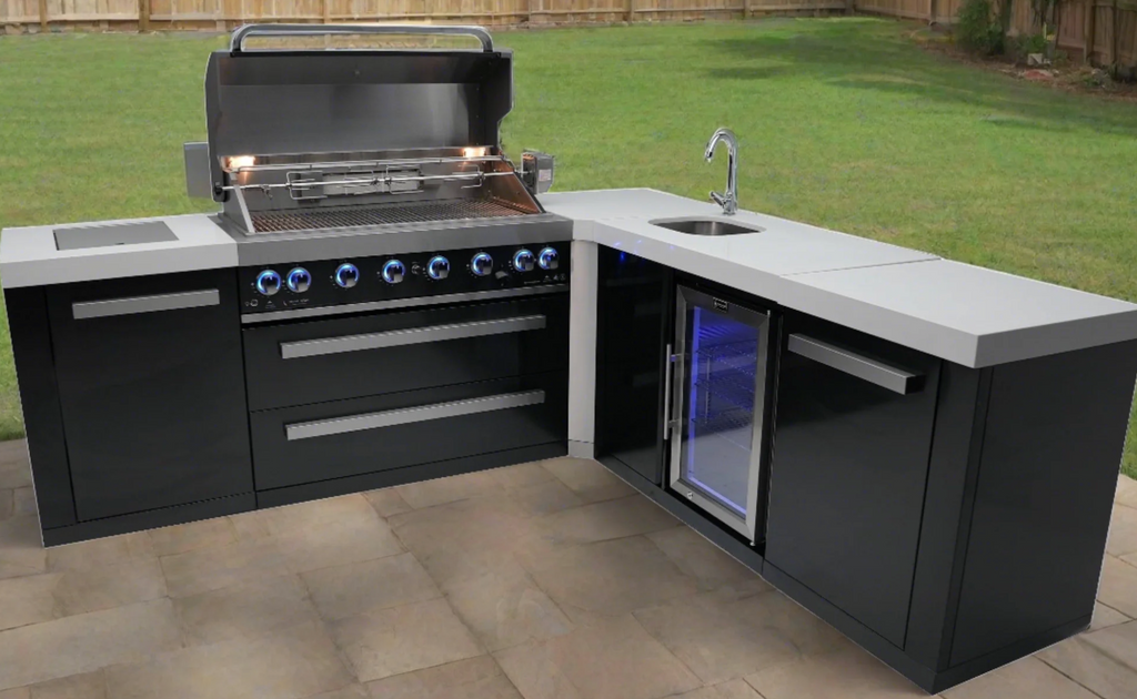 Mont Alpi 805 Black Stainless Steel Island with Beverage Center and 90 Degree Corner 6-Burner Grill 2 Infrared Burners Sink, Fridge